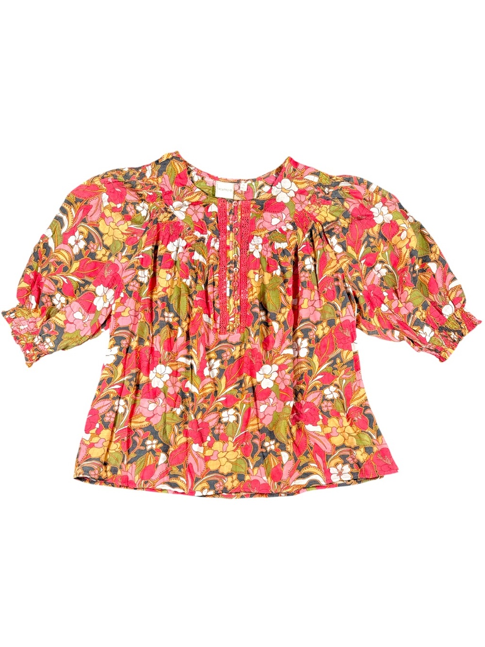 Zac & Rachel Floral Peasant Blouse XL Pink Boho Pintuck Button Front Puff Sleeve